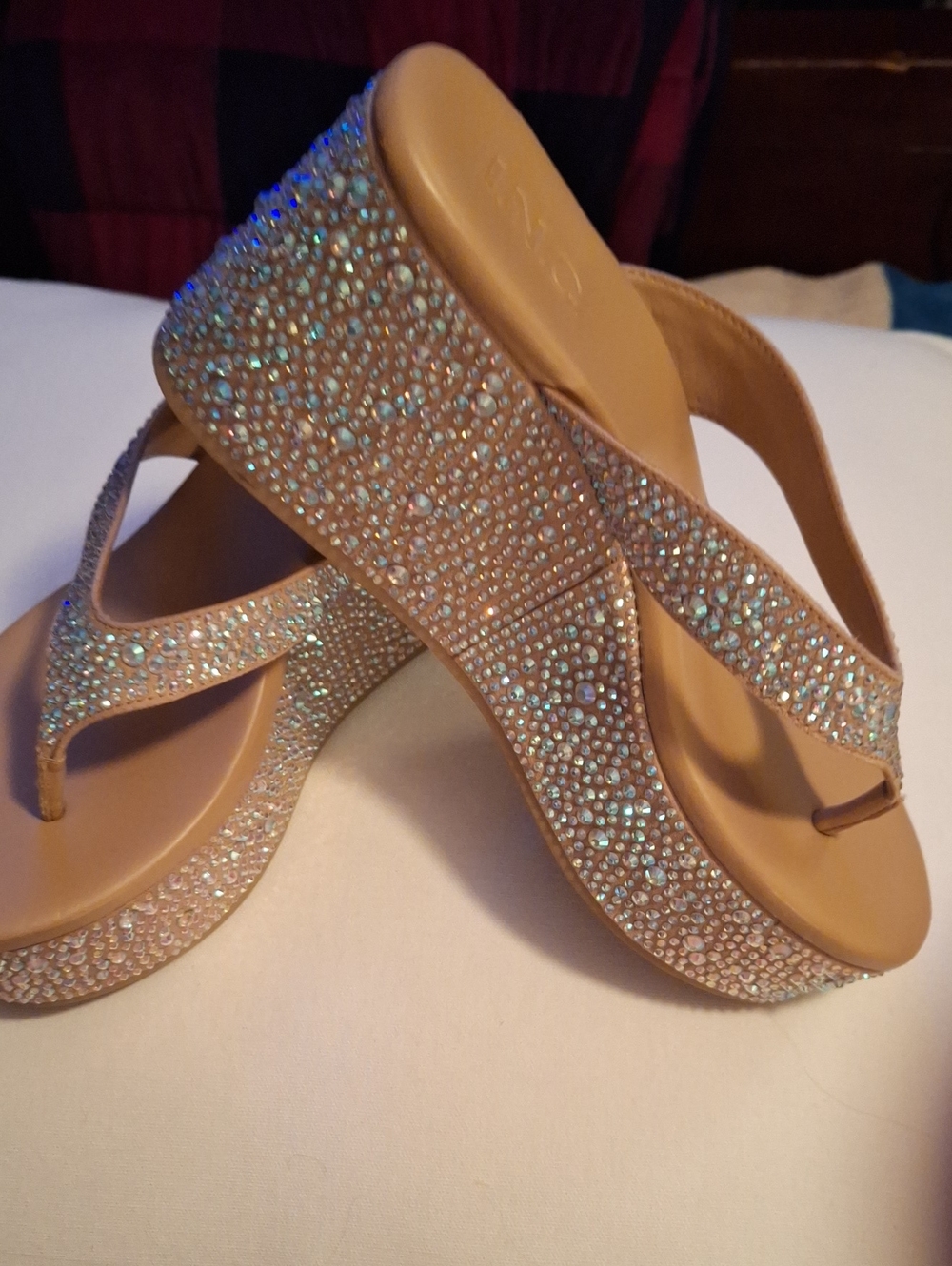 INC International Concepts Loli Tan Rhinestone Wedge Flip Flops 8M